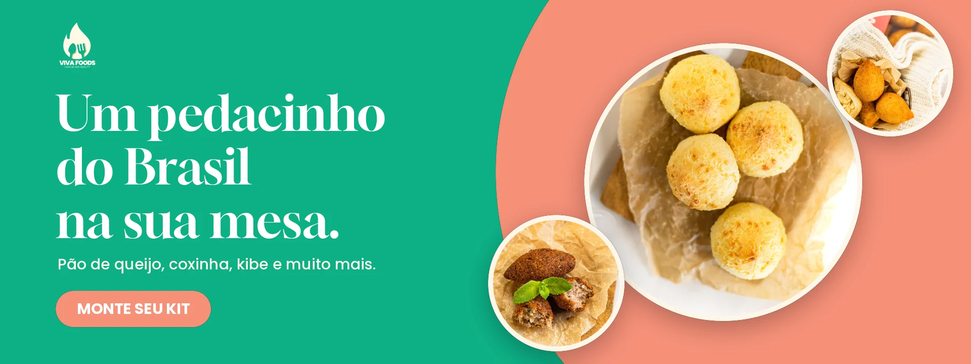 Um pedacinho do Brasil na sua mesa. Pão de queijo, coxinha, kibe e muito mais. Monte seu kit